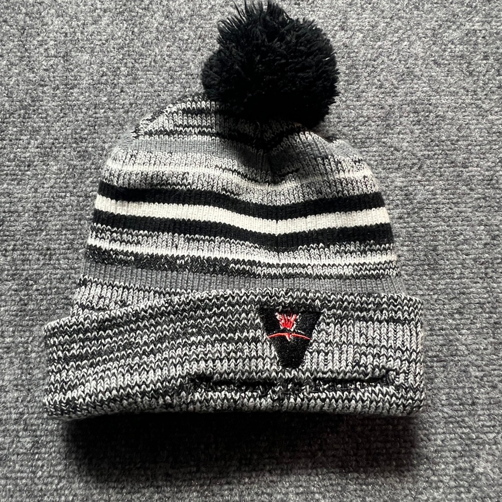 Grey Striped Marled Knit Pom Pom Beanie Hat Black White Winter Skate Board